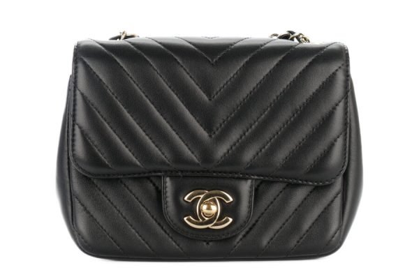 Vintage chanel mini square black chevron lambskin champagne hardware for sale