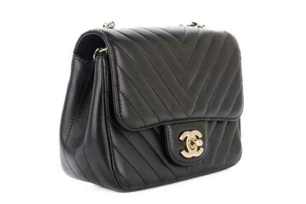 Vintage chanel mini square black chevron lambskin champagne hardware for sale - Image 3