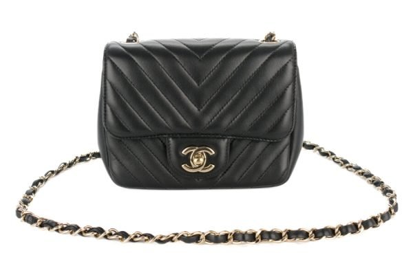 Vintage chanel mini square black chevron lambskin champagne hardware for sale - Image 6