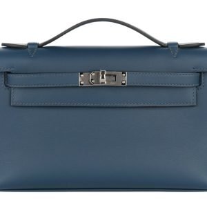 Hermès Kelly Pochette Bleu De Prusse Swift Palladium Hardware